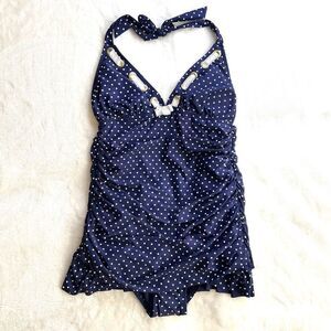 One Piece Halter Top Swimsuit Retro Pinup Style Blue and White Polka Dot Size Me